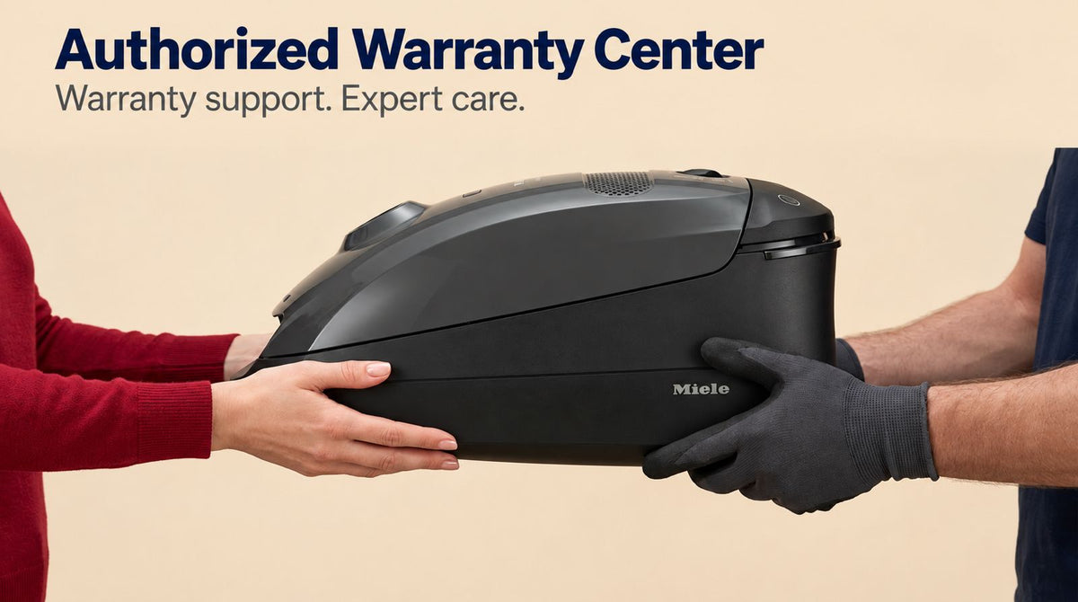 Authorized vacuum warranty service with a customer handing a Miele canister vacuum to a technician at AceVacuums