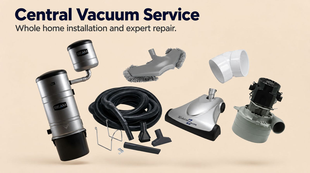 Central vacuum installation and repair with a BEAM power unit, hose, floor tools and replacement motor at AceVacuums