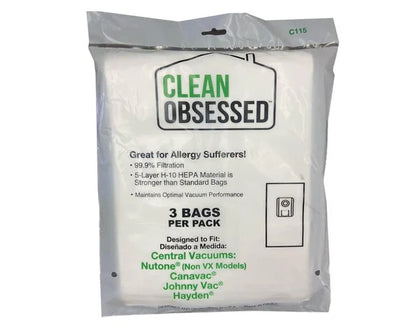 Clean Obsessed Central Vacuum Bags – Fits Most Brands, HEPA 3/PK Part #C115