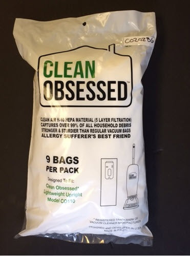 Clean Obsessed CO202 Lightweight Upright Vacuum Genuine HEPA Filter Bags 9 Pack #CO202BG available at Ace Vacuums