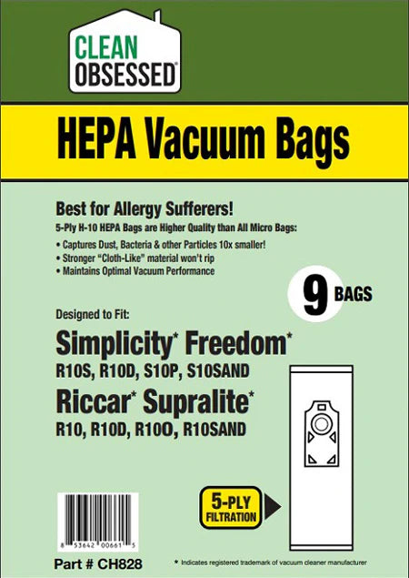 Clean Obsessed Riccar Type R10 S/D/O/P & Supralite Simplicity S10P/S HEPA Bags 9-Pack – Part #CH828