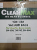 CleanMax HEPA Vacuum Bags CLH-6 & CLH-100 – Bulk Case for Zoom 500, 700, and 800 Cordless Vacuums – bulk bag carton label showing 100 HEPA bags