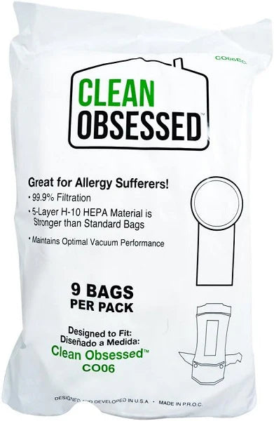 CLEAN OBSESSED CO6/CO624 BACK PACK HEPA FILTER BAGS  9/PK