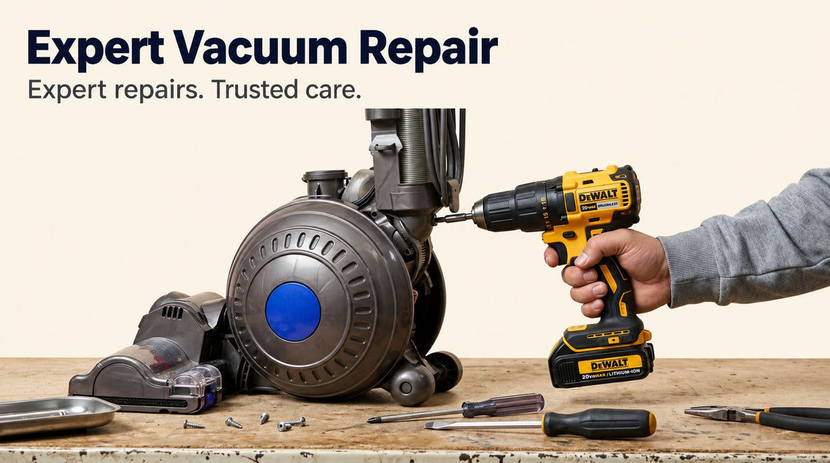 Expert vacuum repair with a technician using a cordless drill to service an upright vacuum at AceVacuums