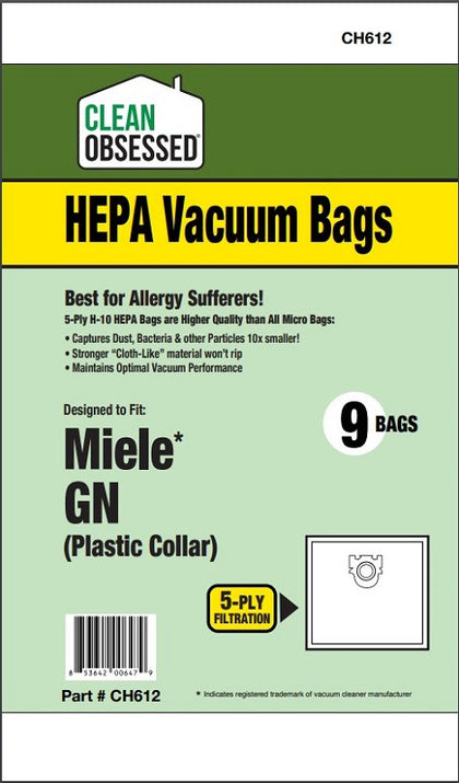 Clean Obsessed Miele Type GN HEPA Vacuum Bags 9 Pack, Cardboard Collar Part #CH612
