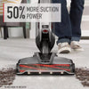 Hoover ONEPWR Evolve Pet Elite Cordless Upright Vacuum BH53801V - front nozzle view cleaning carpet with suction comparison graphic