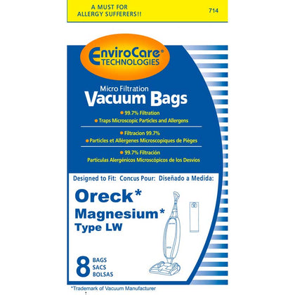 Oreck Type LW Upright Magnesium Vacuum Cleaner Bags 8-Pack – Part #LWPK60H – EnviroCare Type LW eight-pack retail package