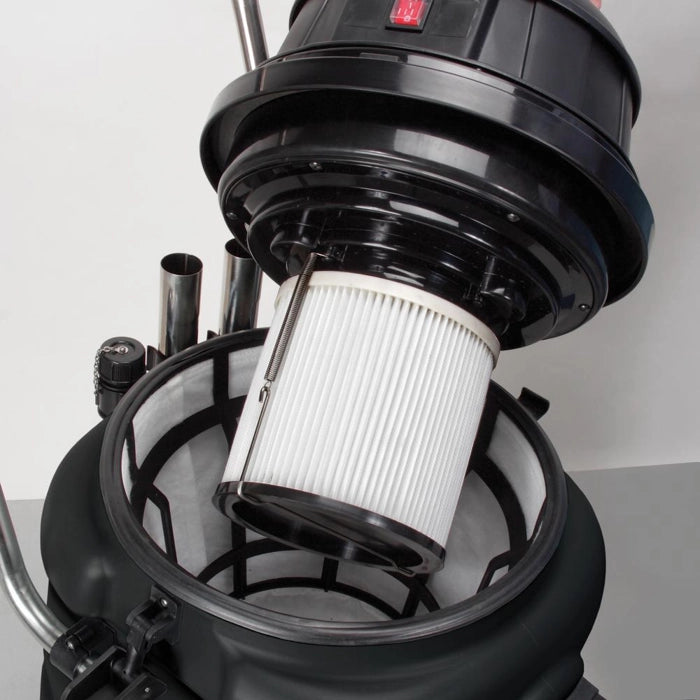 Powr-Flite Wet/Dry Tank Vacuum 15 Gallon with Poly Tank & Tool Kit – Part #PF54 – filter mounted beneath motor head