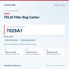 SEBO 7029A1 FELIX Filter Bag Carton identification guide with model and part checks. Available at AceVacuums.