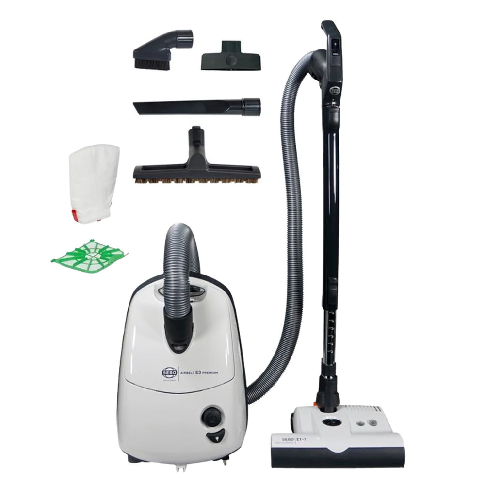 White SEBO AIRBELT E3 Premium canister vacuum model 91646AM with ET-1 power head