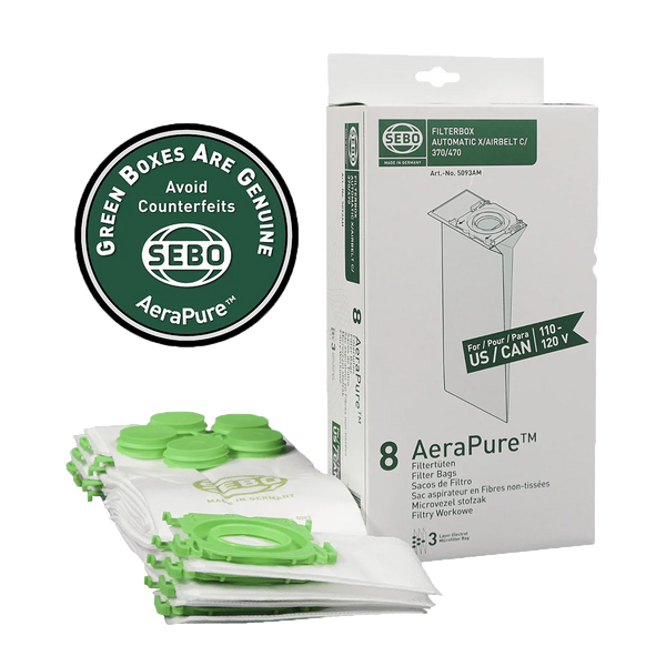 Sebo Filter Bag Box X, G, C, 300/350, 370 (8 Bags with Caps) #5093AM