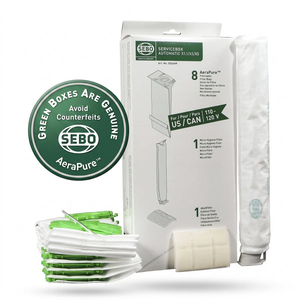 Sebo Service Box X5/X1/X2 (6-Piece Carton) – 8 Bags, Microfilter, Exhaust Filter & Sealing Strip #5828A3