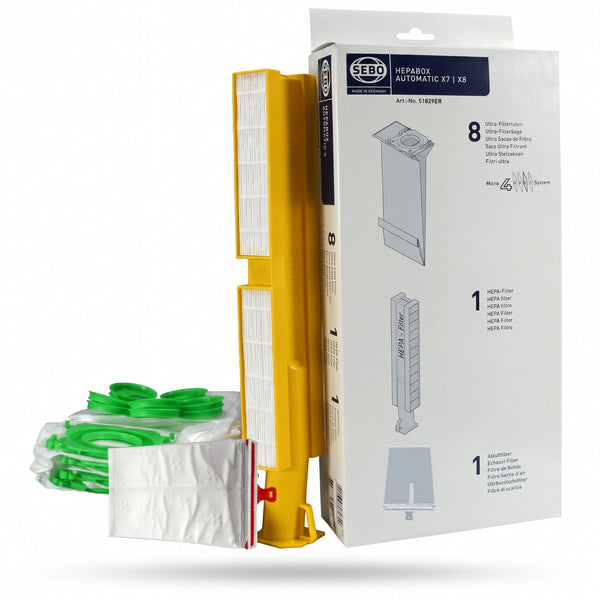 Sebo HEPA Service Box X7/X8 (6-Piece Carton) – 8 Bags, HEPA Microfilter, Exhaust Filter & Sealing Strip #51829A1