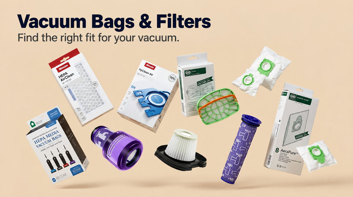 Vacuum bags and replacement filters, including Miele HEPA AirClean filters and HyClean bags, at AceVacuums