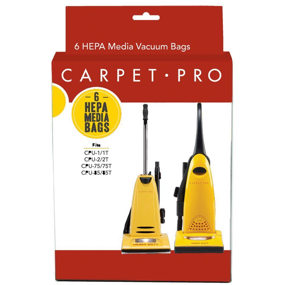 Buy CarpetPro vacuum bags from Acevacuums. These genuine Carpet Pro HEPA bag fit Carpet Pro models CPU1, CPU2, CPU75 & CPU85. This product package includes a total of 6 bags. 