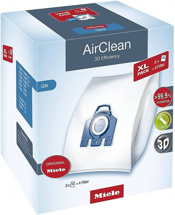 Miele AirClean 3D XL-Pack GN Dust Vacuum Bags – 8 Count, White