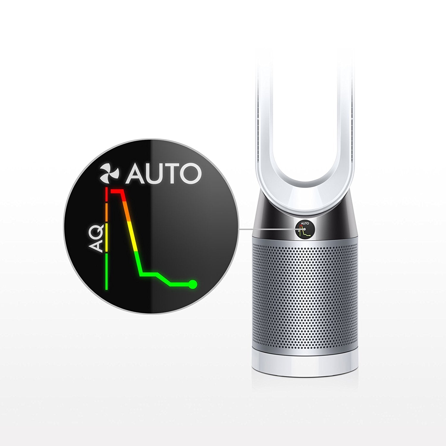 Dyson Pure Cool purifying tower fan TP04. Automatically detects and reports air quality levels in real time on PM 2.5, PM 10, VOC and NO2. 