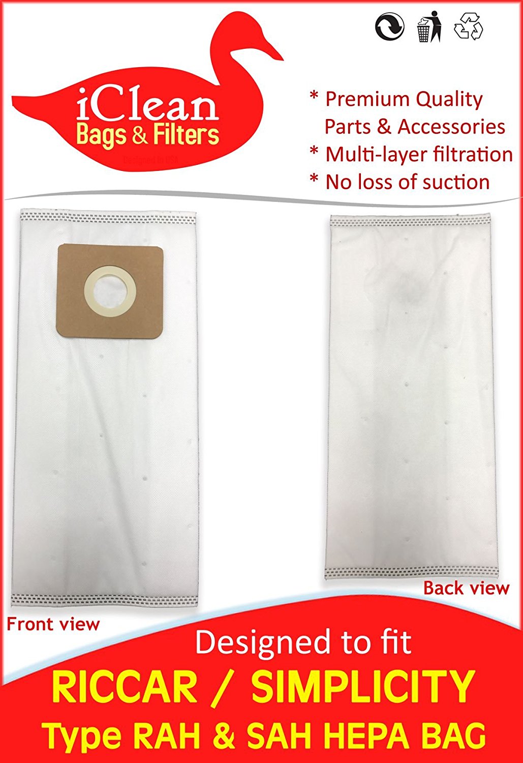 Premium quality Multi layer filtration HEPA bags made to fit Riccar Type RAH Simplicity SAH bags.