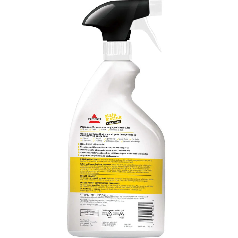 Bissell Pet Stain & Stink Remover + Sanitize 32 oz – #2995 – bottle rear label