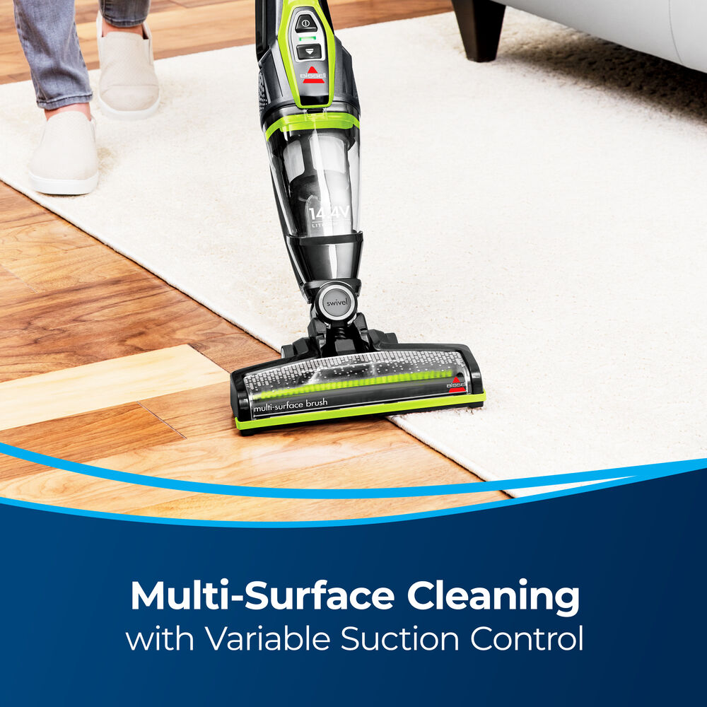 Bissell ReadyClean Cordless XRT 14.4V Stick Vacuum – 31927 – floor head moving from hard flooring to rug