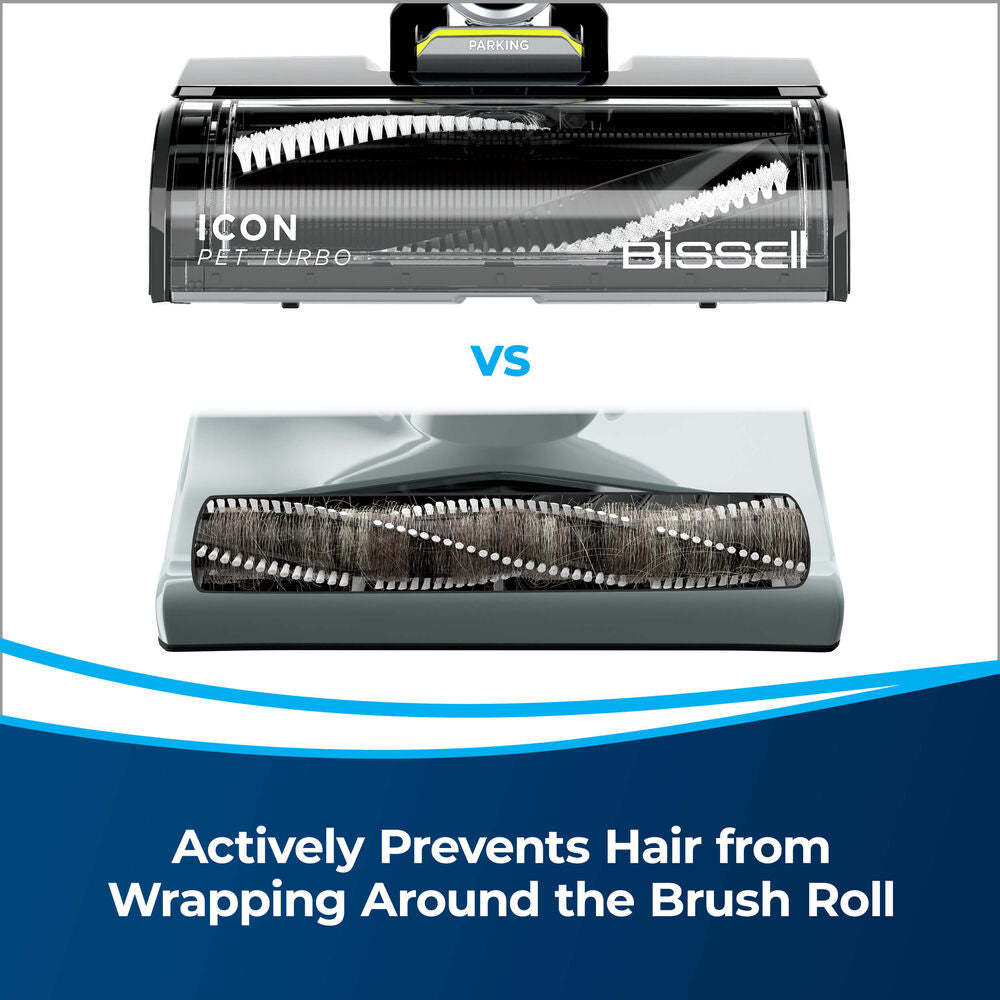 Bissell ICONPET TURBO Cordless Stick Vacuum – 31781 – brush-roll hair-wrap comparison graphic