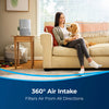 Bissell MYAir Personal Air Purifier Grey #3329 – purifier in living room with airflow graphic