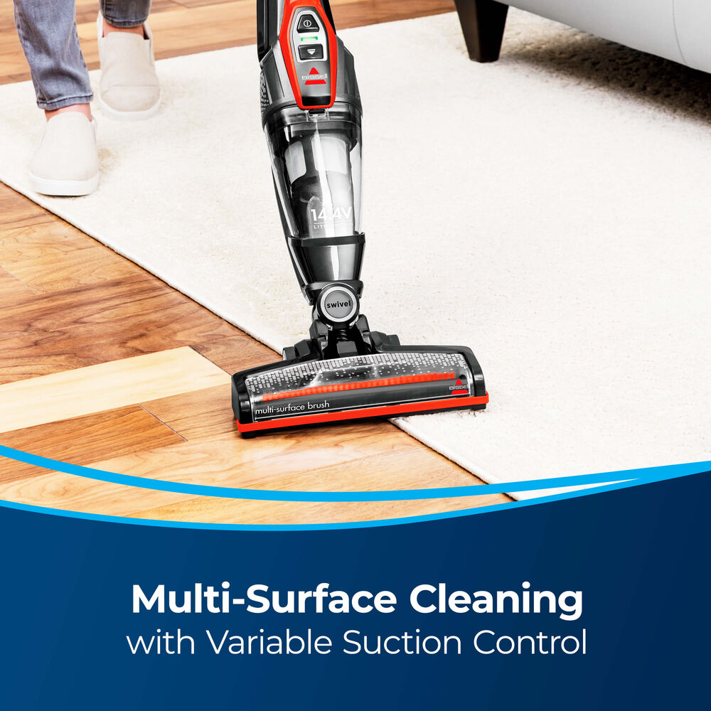 Bissell ReadyClean Cordless XRT 14.4V Stick Vacuum – 31921 – floor head moving between rug and hard floor