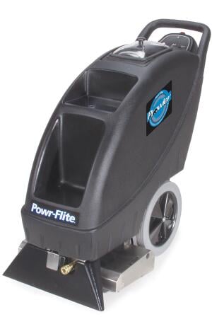 Powr-Flite Prowler - 9 Gallon Self-Contained Carpet Extractor. Compact size for easy transportation and storage. Separate vacuum, brush and pump switches make operator training a breeze. Fixed vacuum shoe with floating brush head for maximum cleaning.