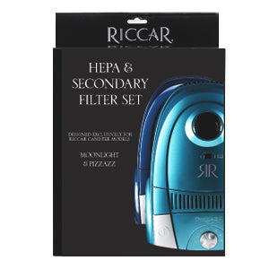 Riccar HEPA and secondary filter retail box, reference RF13. Available at Ace Vacuums.