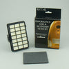 Pleated filter and dark pad beside Riccar Sunburst filter packaging, reference RF14.3. Available at Ace Vacuums.