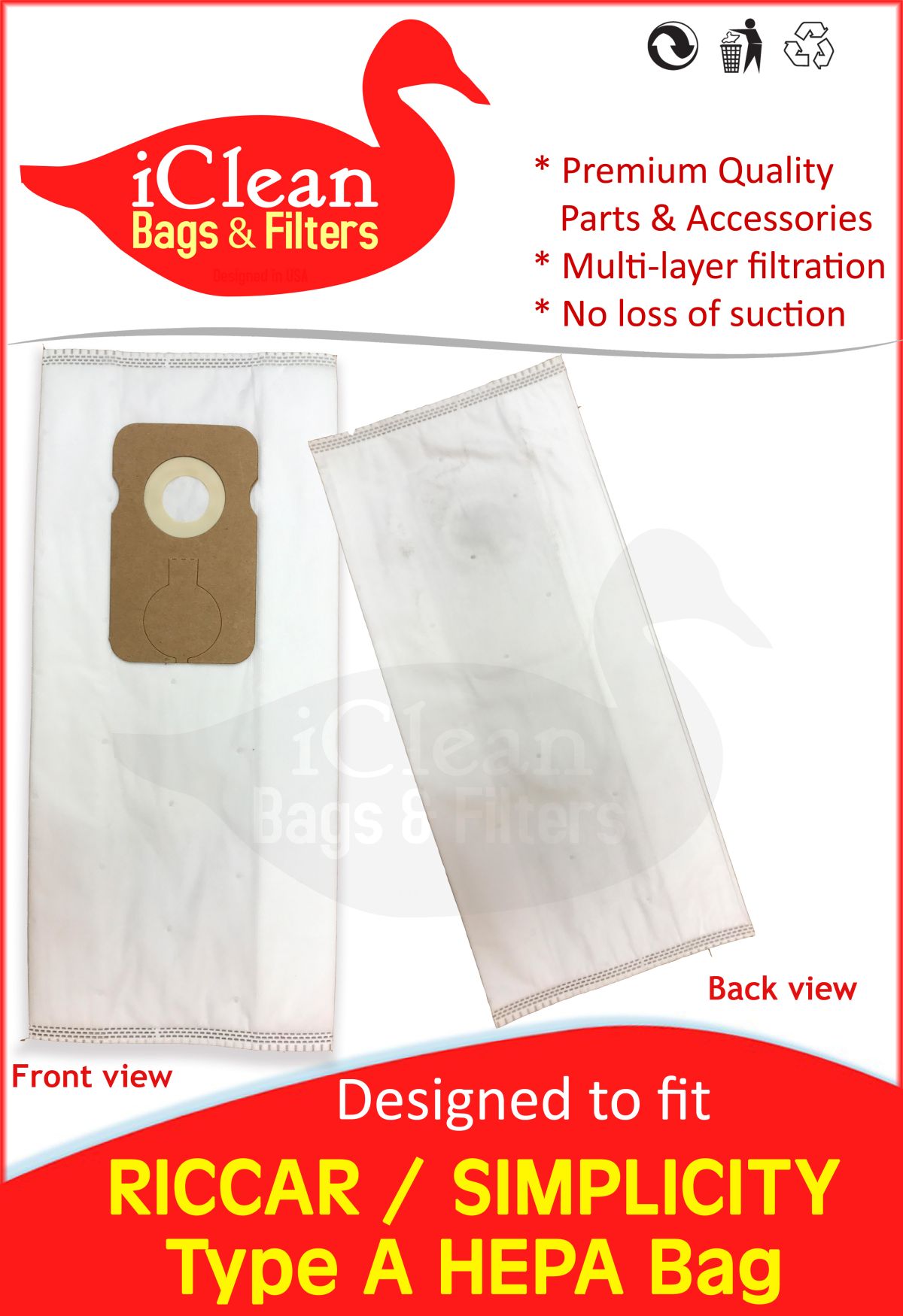 iClean Bags and Filters by iClean Vacuums. High quality Multi layer filtration HEPA bags made to fit Riccar/Simplicity Type A HEPA Bags Fits Riccar