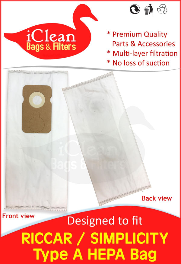Riccar - Simplicity Type A HEPA Bags by iClean | 6-Pack