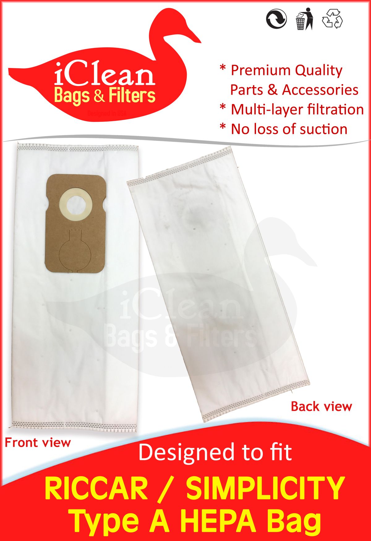 Riccar Simplicity Type A HEPA Bags 6-Pack | iClean