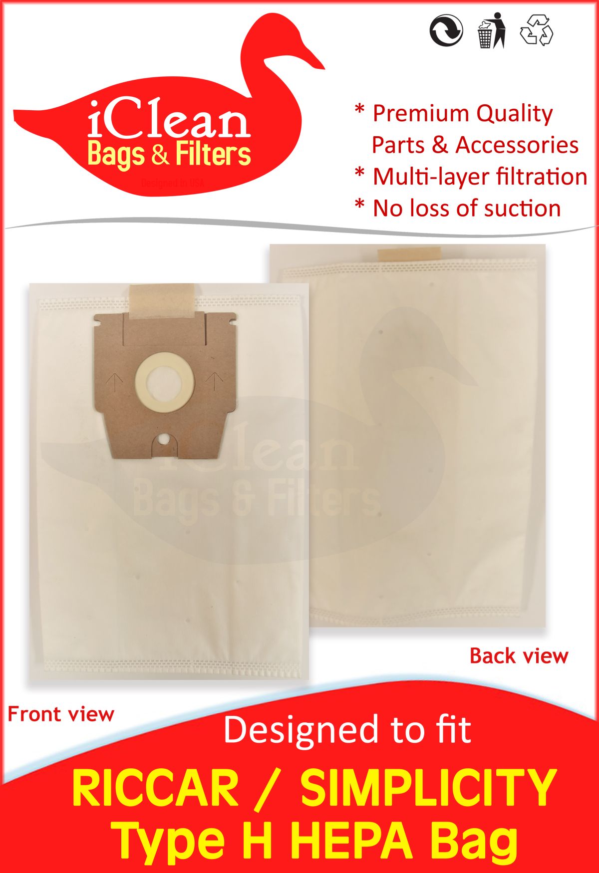 Riccar Simplicity Type H HEPA Vacuum Bags | iClean