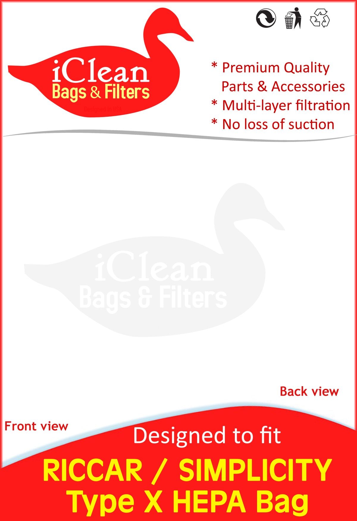 Riccar - Simplicity Vacuum Cleaner Type X HEPA Bags by iClean Vacuums